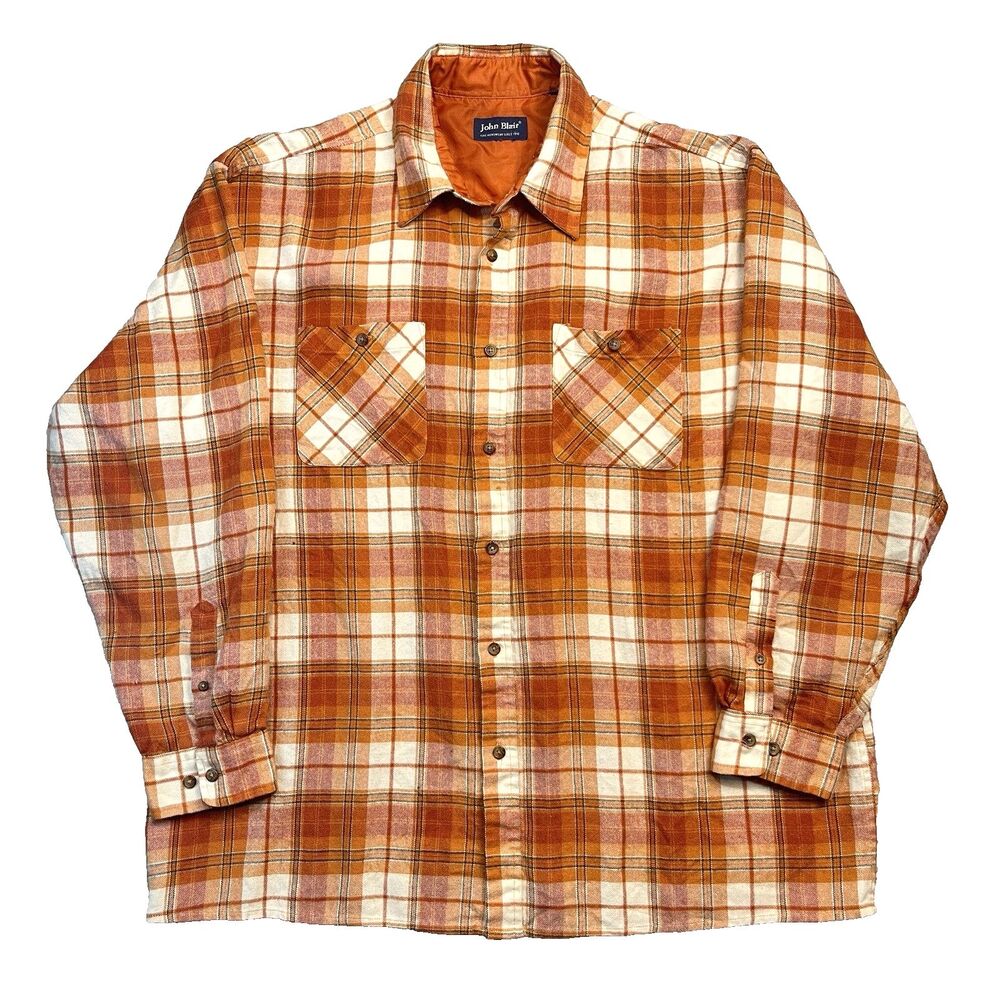 VTG John Blair Button Up Shirt Men's L Long Sleeve Plaid Orange‎ Black White